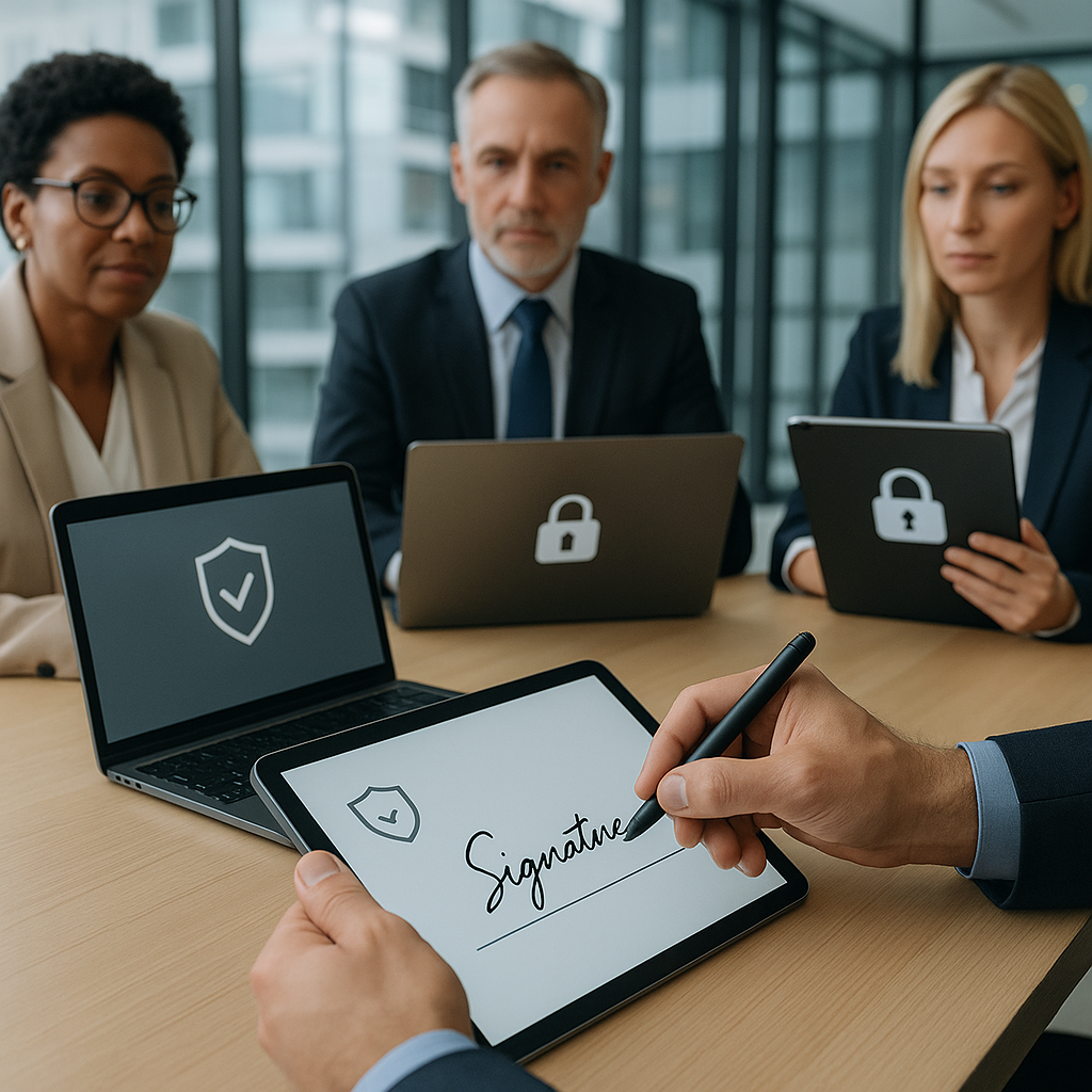 Executive team in glass-walled office e-signing digital documents on laptops and tablets with lock and shield icons for secur