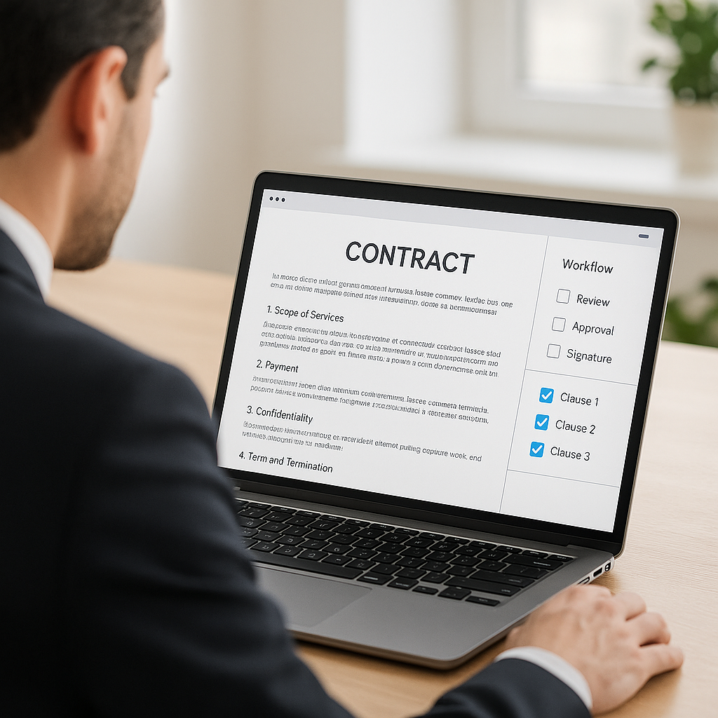 Lawyer in business attire using browser-based contract automation software on laptop, reviewing clauses and workflow in brigh