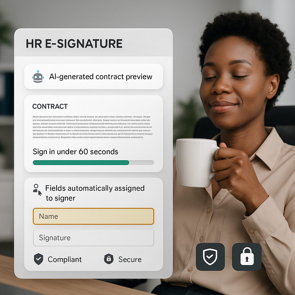 HR e-signature workflow UI showing AI-generated contract, auto-assigned signer fields, 60-second signing progress bar, and co