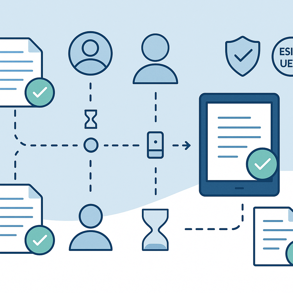 Abstract illustration of e-authorization workflow with documents, avatars, devices, approval checkmarks, audit trail timestam
