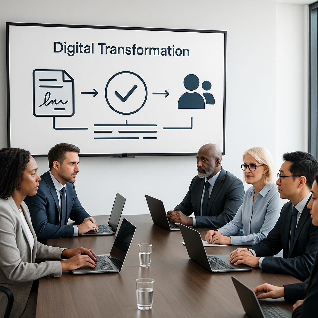 Executive boardroom with diverse leaders reviewing digital transformation strategy showing e-signature workflows, compliance 