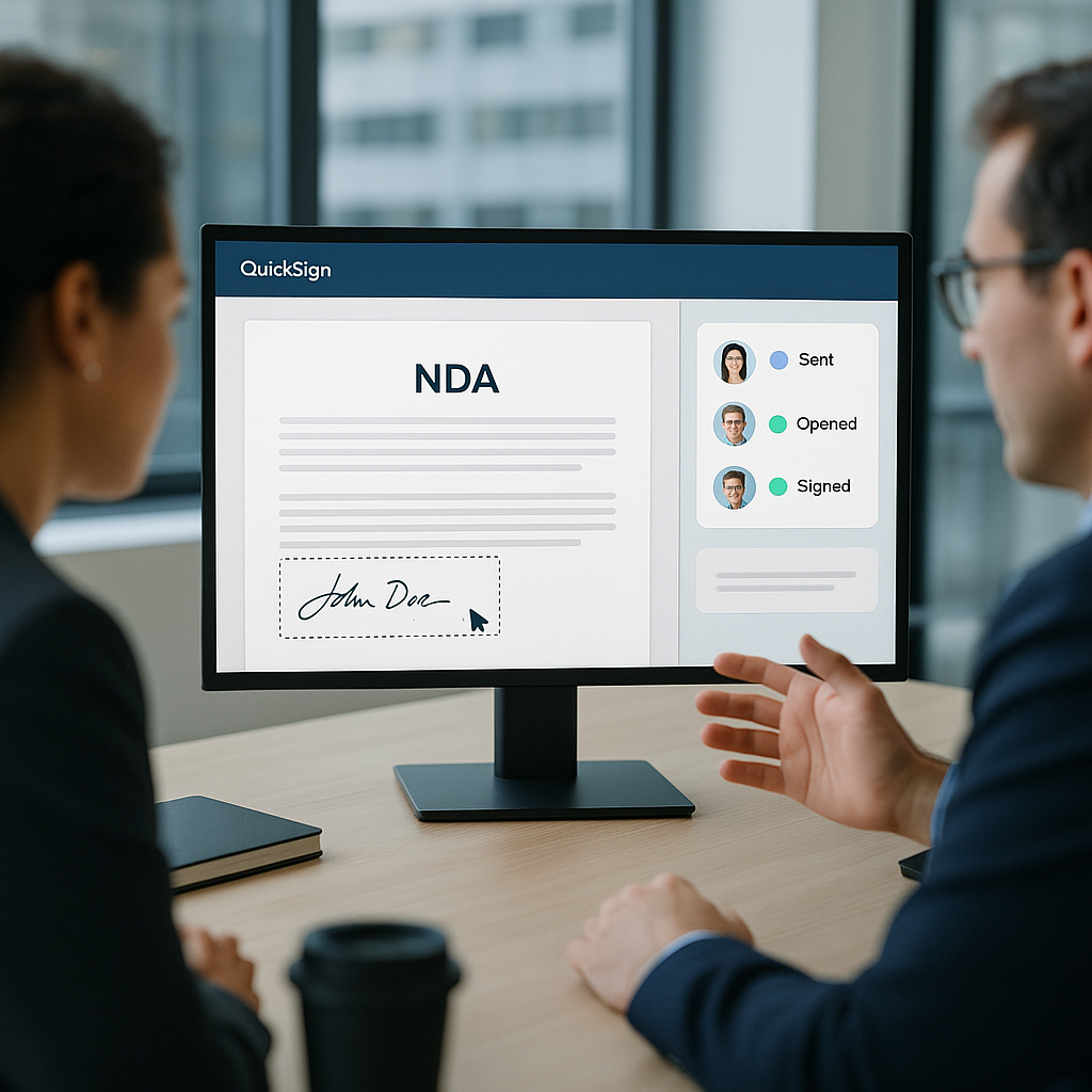 Modern office team collaboration reviewing NDA on large monitor showing QuickSign e-signature workflow UI with drag-and-drop 