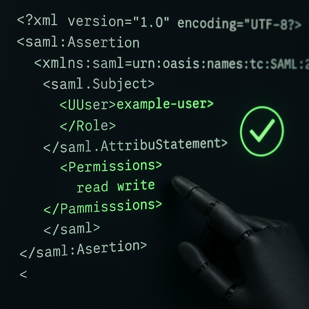 Close-up of XML SAML assertion code edited by robotic hand while green verification checkmark stays, illustrating xml-crypto 