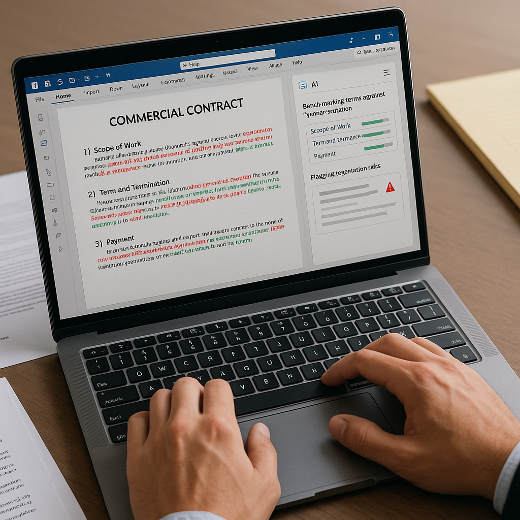 Close-up of solo attorney editing redlined commercial contract in Microsoft Word with AI plugin benchmarking terms and flaggi