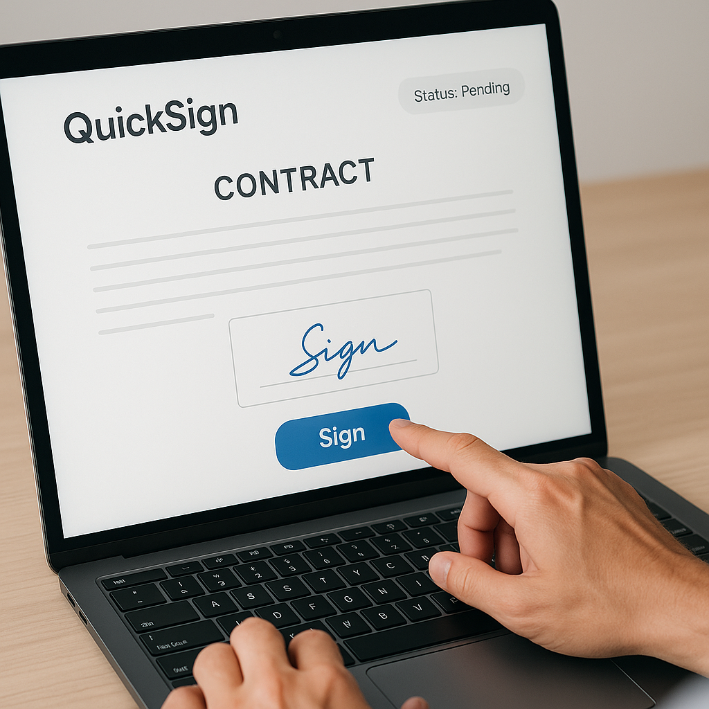 Close-up of QuickSign e-signature platform on laptop with digital contract, Sign button, status indicators, and small busines