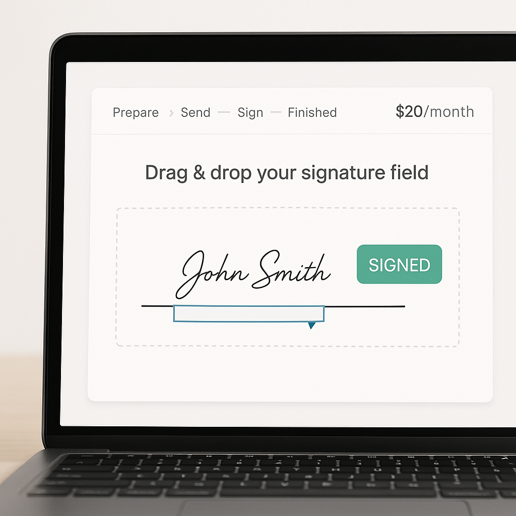 Laptop screen with modern e-signature dashboard, drag‑and‑drop fields, “Signed” status, and under $20/month affordability hig