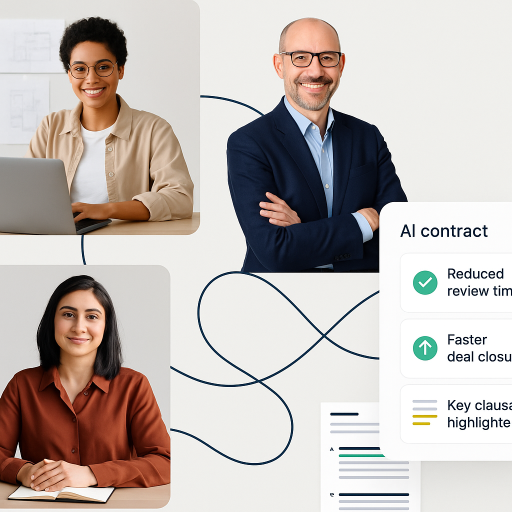 Collage of diverse freelancers linked by lines to an AI contract tool dashboard showing reduced review time, faster deals, an