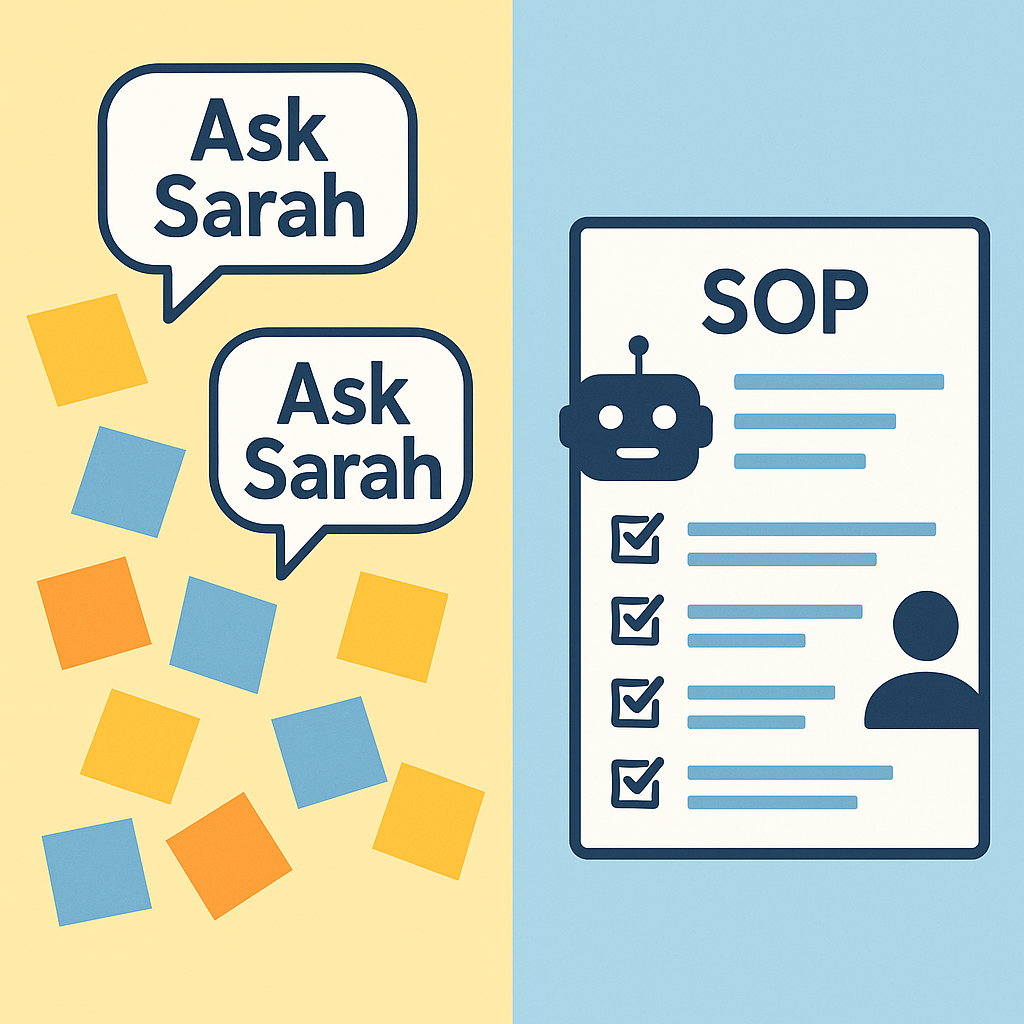 Flat infographic contrasting chaotic sticky notes and “ask Sarah” bubbles with organized AI‑generated SOPs and checklists for