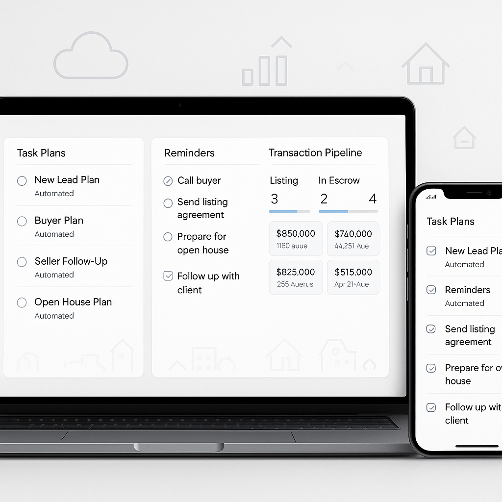 Close-up of cloud-based real estate CRM on laptop and phone showing automated tasks, reminders, and transaction pipeline in m