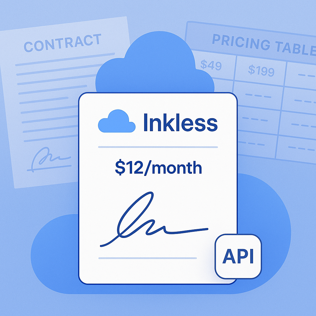 Minimalist “Inkless” e-signature dashboard with pricing and API icons eclipsing cluttered legacy contracts in blue and white 