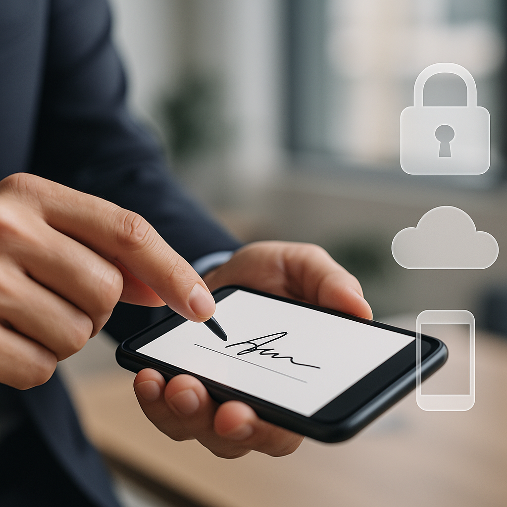 Businessperson signing a digital document on a smartphone, with office background and overlay icons for security, cloud, and 