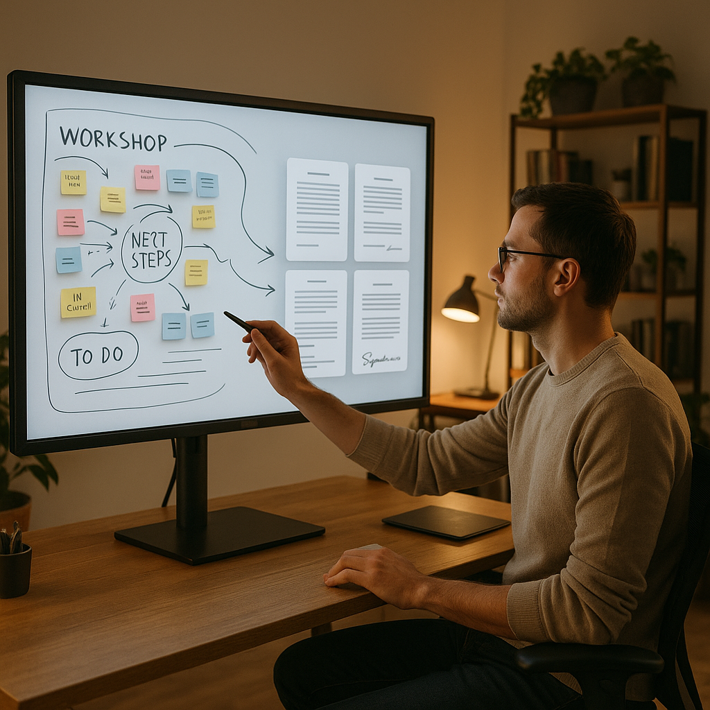 Freelancer in cozy studio using digital whiteboard as messy workshop ideas flow into organized, signable contracts on large m