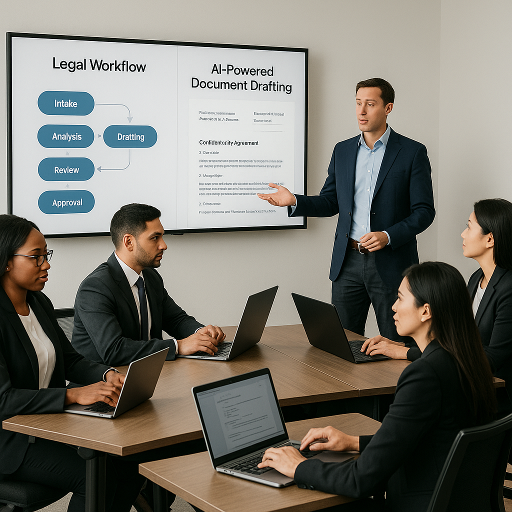 Diverse lawyers in business attire at small AI training workshop, collaborating on laptops while instructor presents legal wo