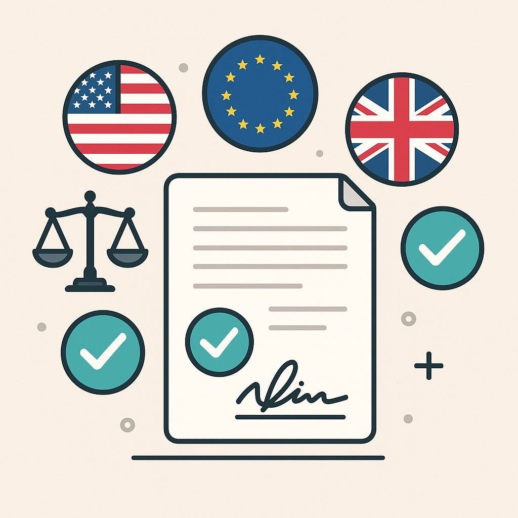 Modern vector illustration of global e-signature legality for employment contracts with digital document, US/EU/UK flags, law