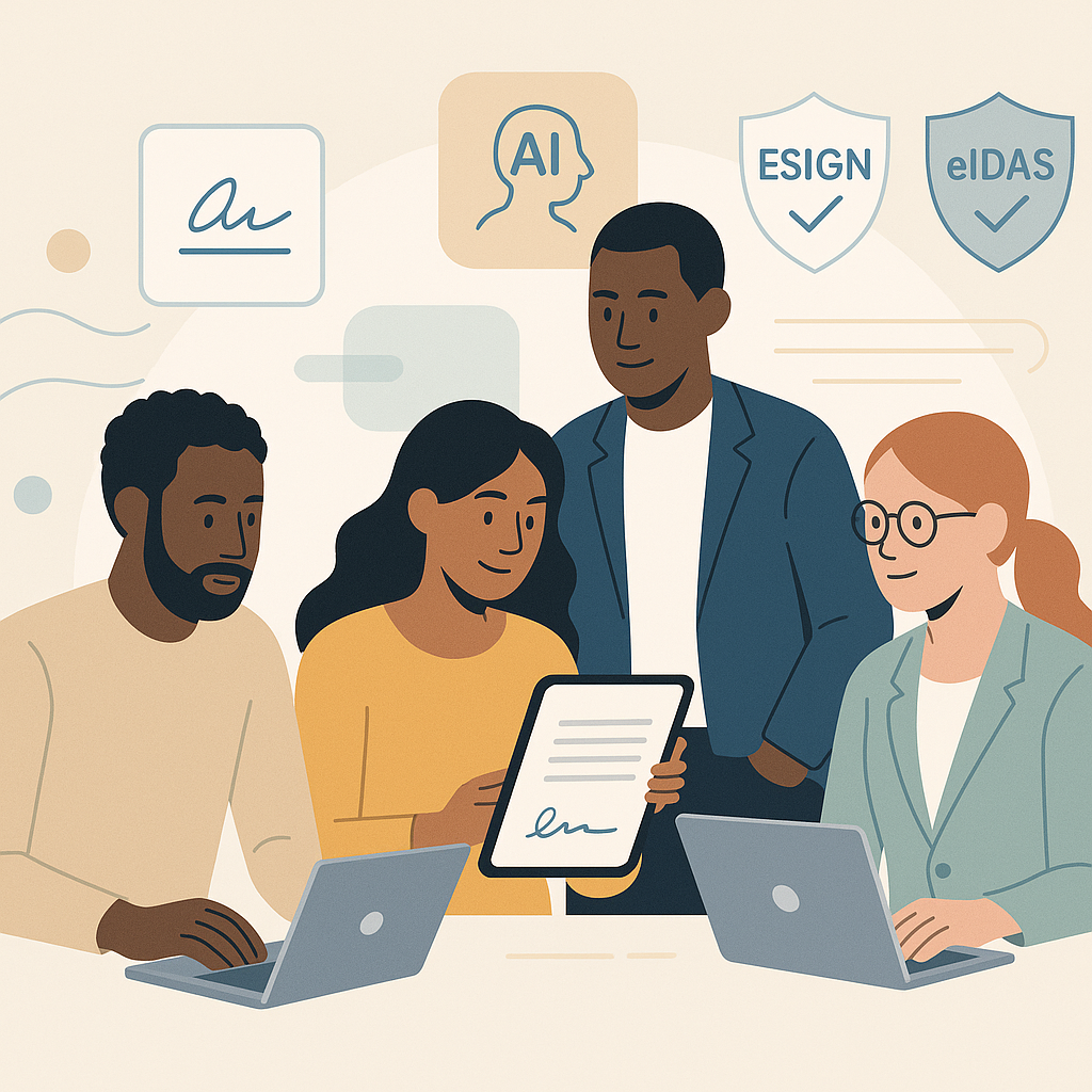 Diverse micro‑business team collaborating on tablets with floating e‑signature, AI contract, ESIGN and eIDAS compliance icons