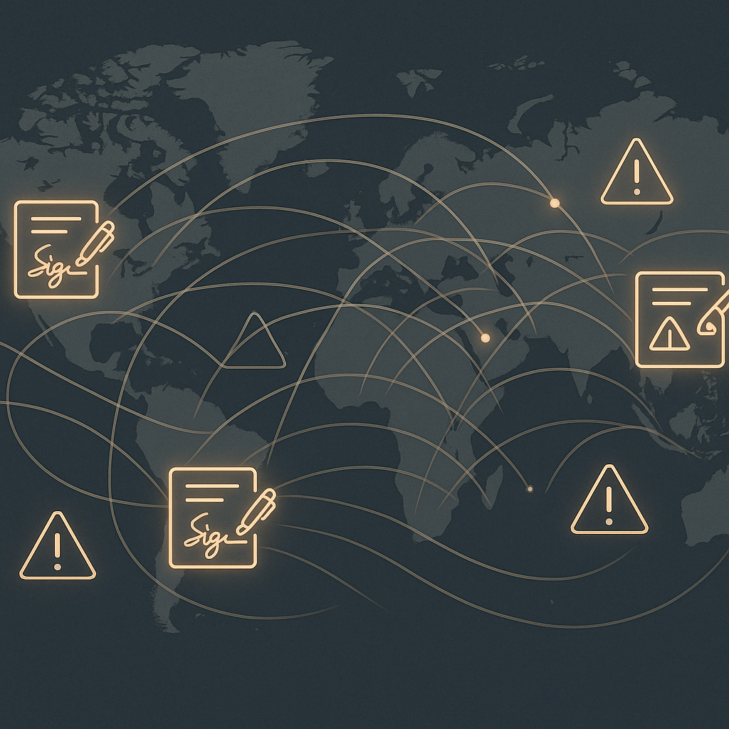 Stylized world map with glowing e-signature icons, trade routes, and tariff warning symbols highlighting regional policy risk