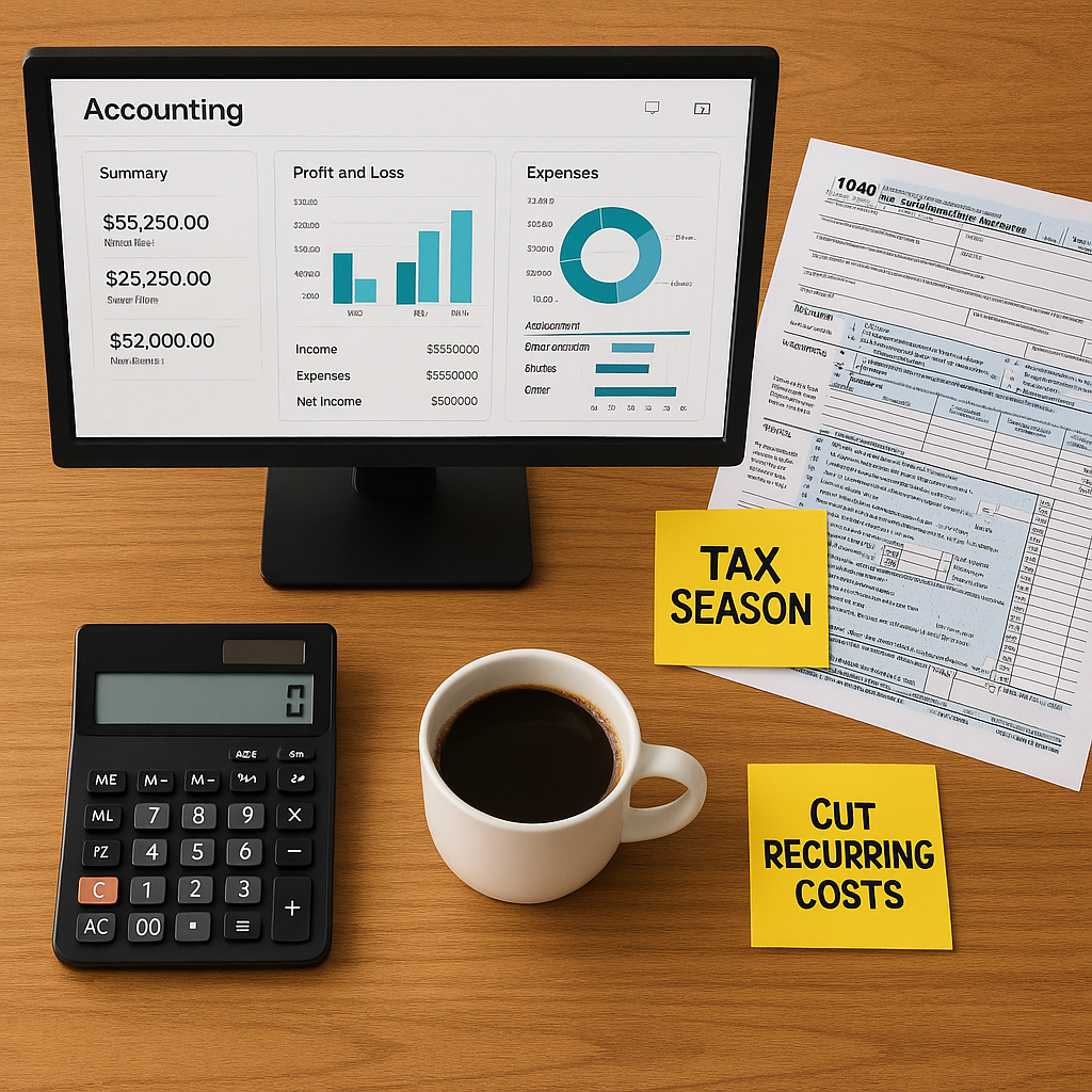Flat‑lay of small business tax prep: accounting software on monitor, tax forms, calculator, coffee, and notes “Tax Season” an