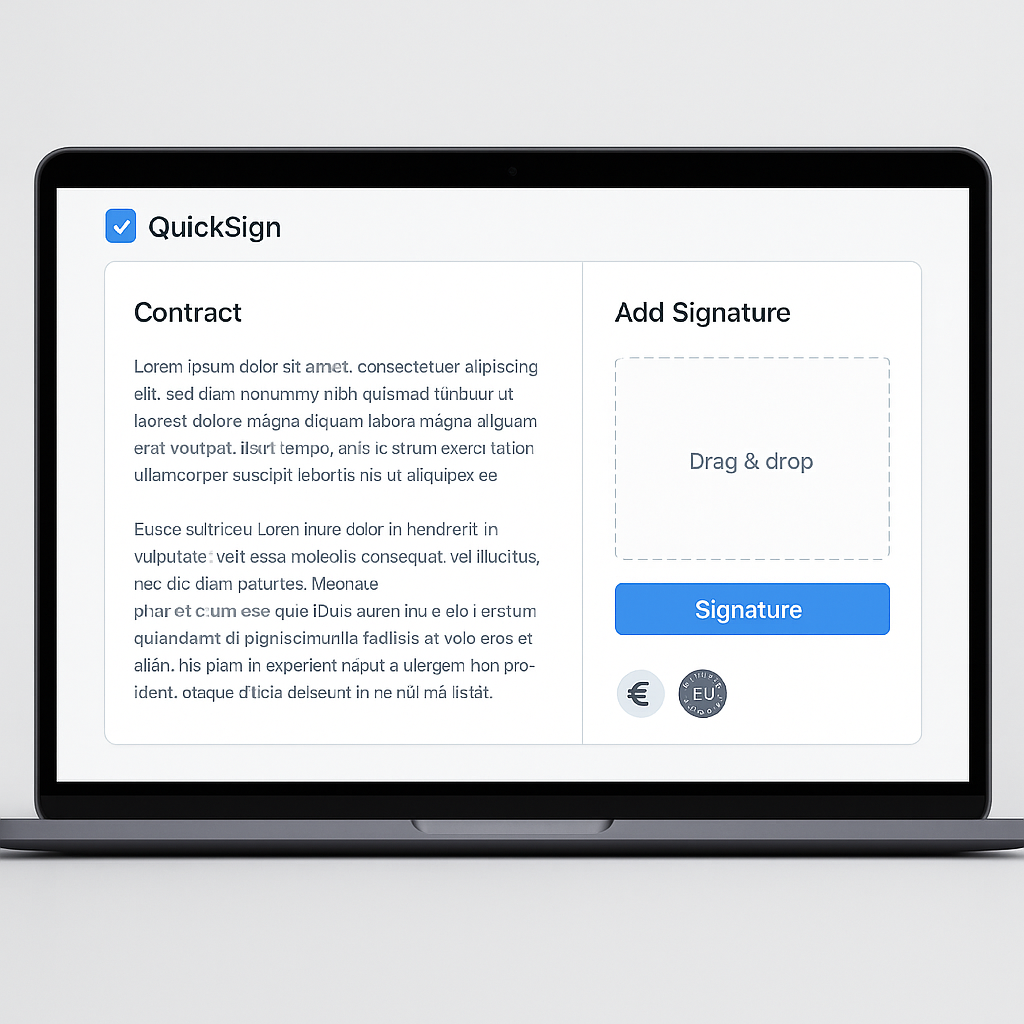 Laptop showing QuickSign SaaS dashboard with AI‑generated contract text, drag‑and‑drop signature fields, flat‑rate pricing an