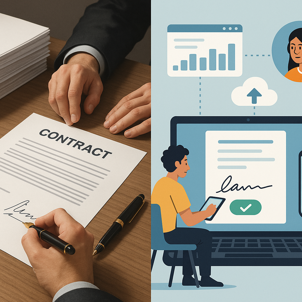 Split-screen image showing paper contract signing with pens and document stacks vs digital e-signature, remote workers, and c