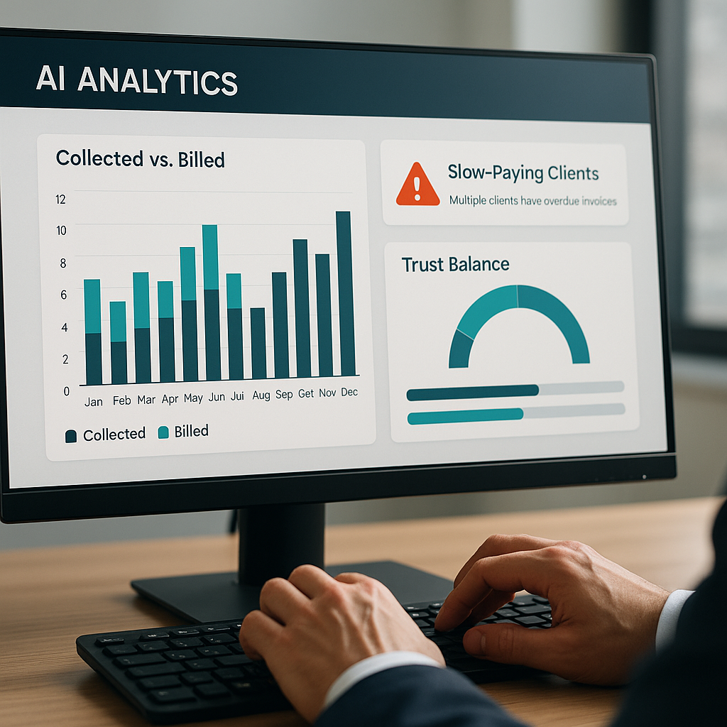 Close-up of AI billing analytics dashboard for a law firm with revenue charts, payment alerts, trust balances and lawyer typi