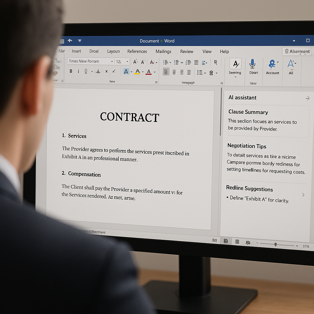 Close-up over-the-shoulder view of attorney using Microsoft Word with integrated AI assistant panel for contract summaries, t