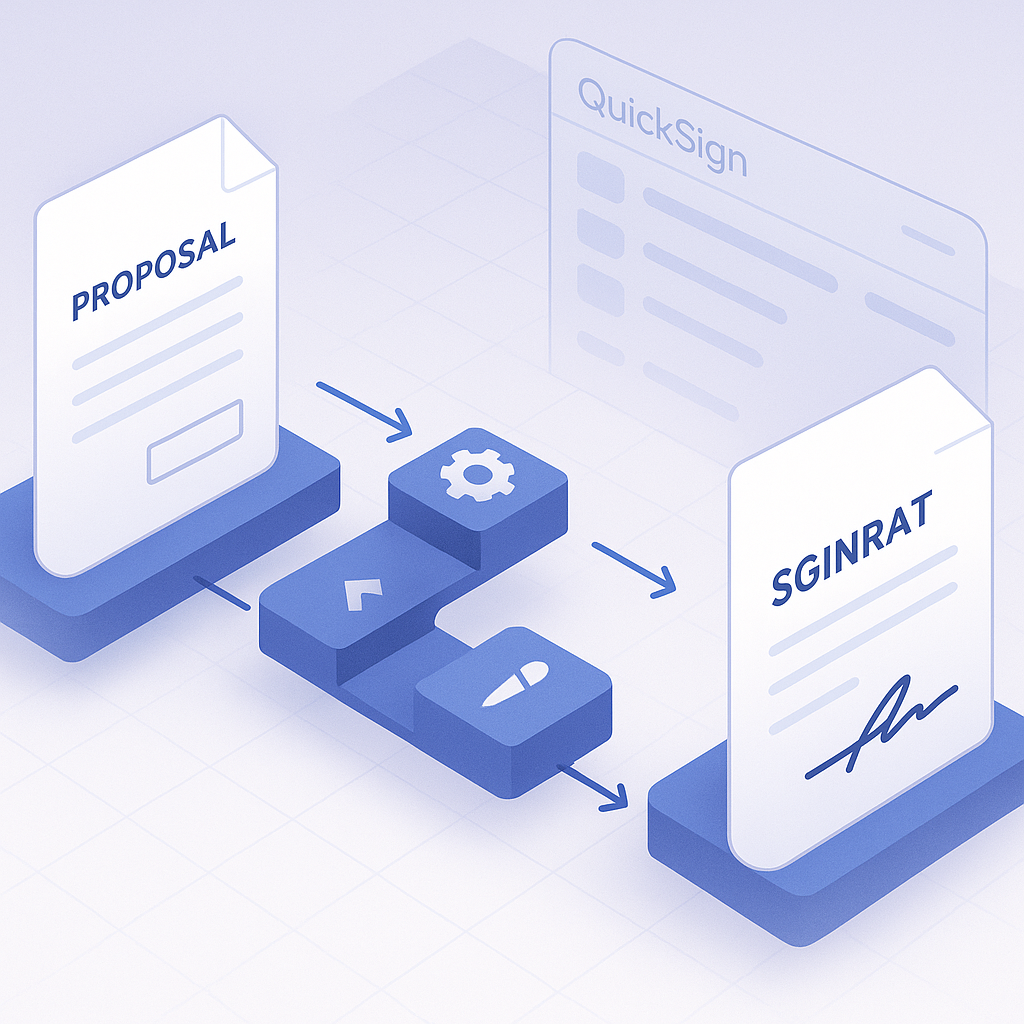 Isometric illustration of AI‑powered consultant proposal workflow transforming into signed contract with automation icons, e‑