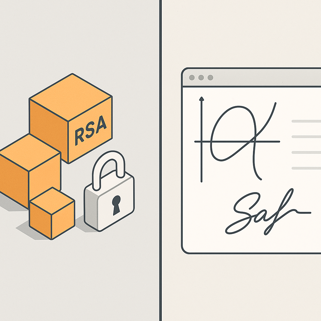 Split-screen graphic showing legacy RSA/PKI blocks vs modern ECDSA elliptic curves and QuickSign-style SaaS dashboard for fas