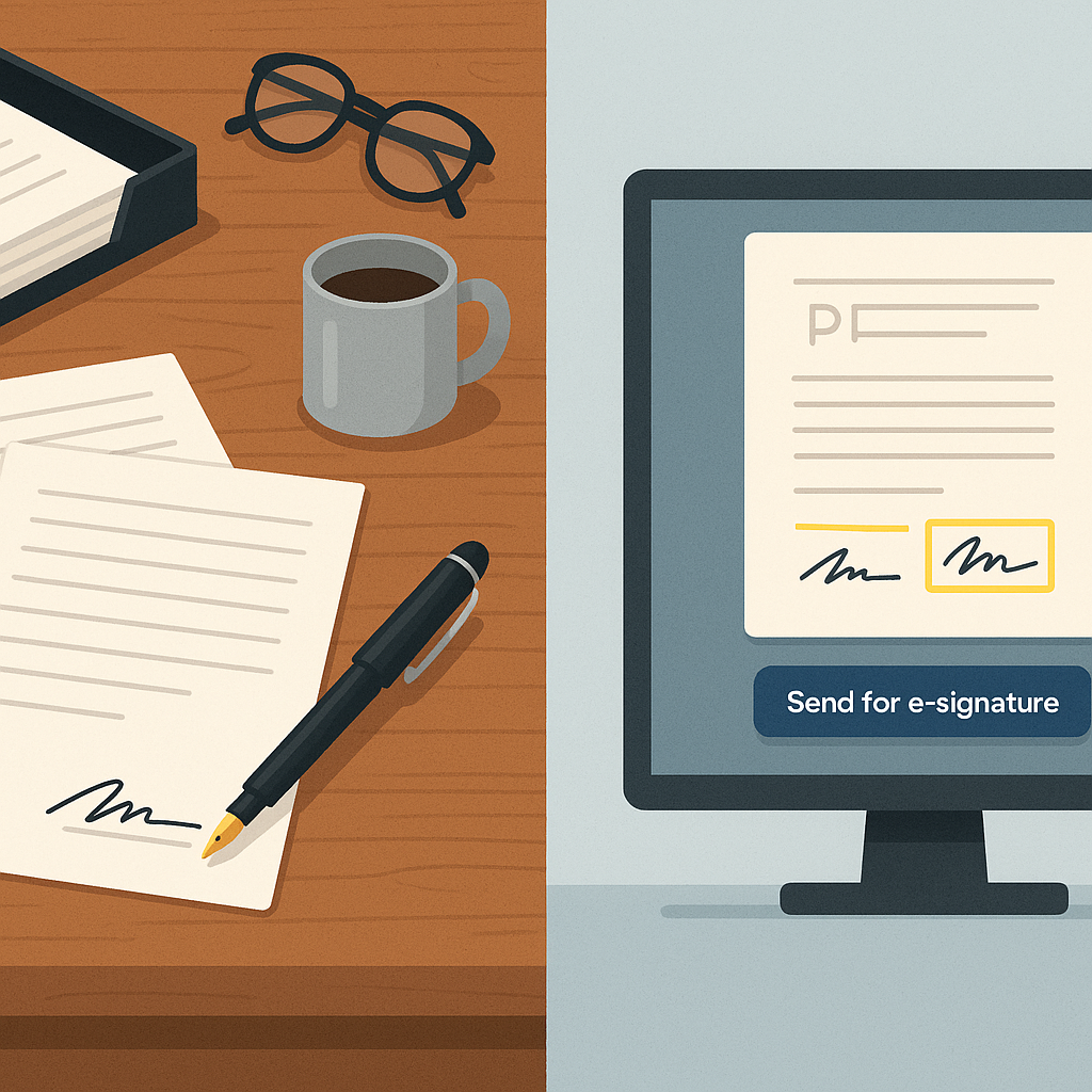 Split-screen illustration of printing and hand-signing PDFs vs digital PDF workflow with e-signature fields and “Send for e-s