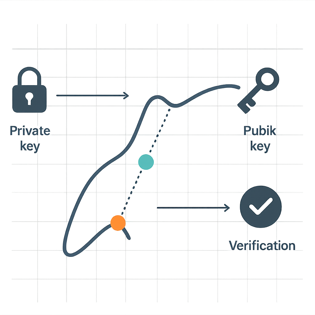 Stylized 2D elliptic curve diagram with points, arrows, and key icons illustrating ECDSA digital signature and verification