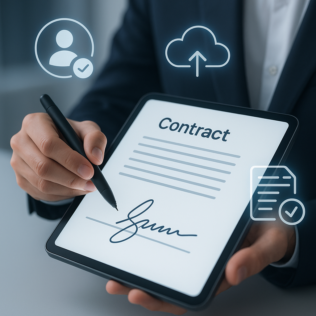 Close-up of professional e-signing a digital contract on tablet with identity verification, audit trail, and secure cloud ico