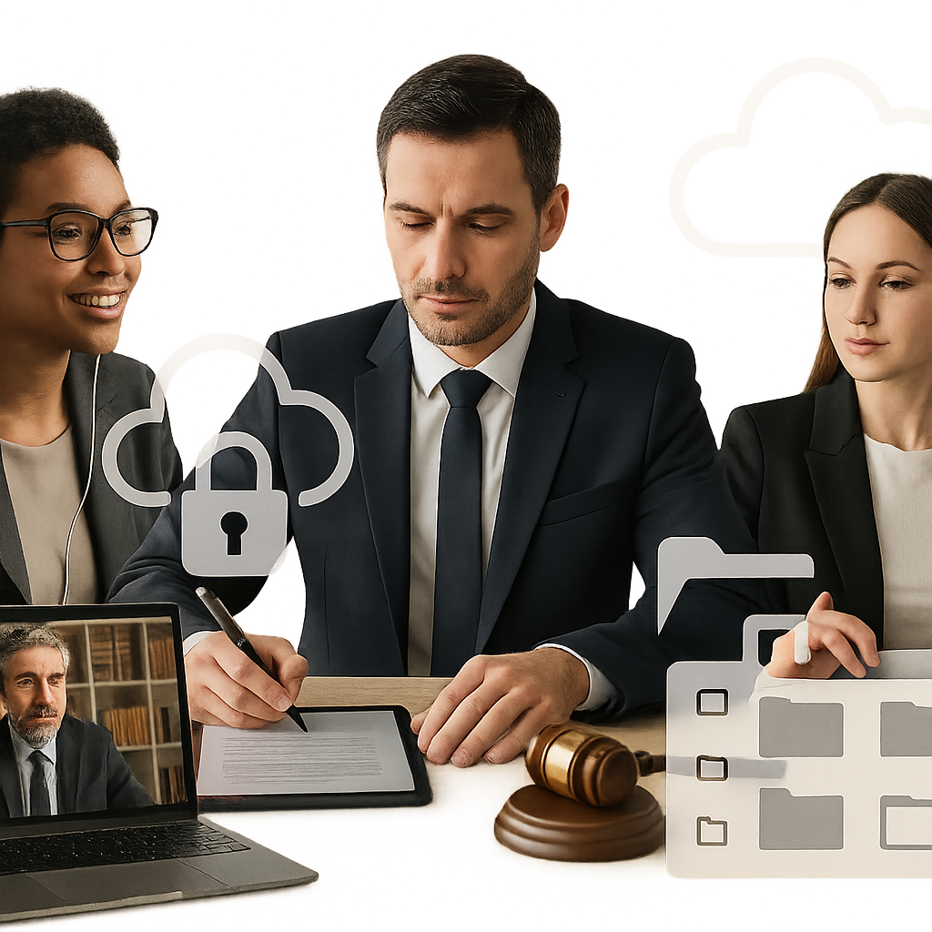 Collage of small law firm team using video calls, e-signing on tablets, and cloud file management with transparent cloud and 