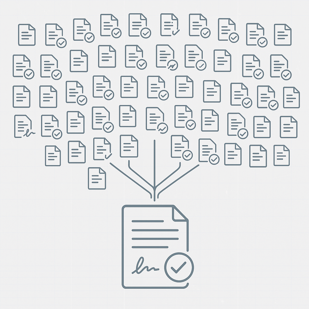 Minimalist illustration of bulk digital document signing with one contract branching into many e-signed files over a subtle C