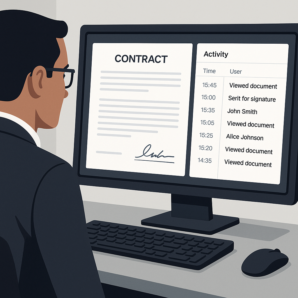 Close-up of professional viewing e-signature status dashboard with contract preview, activity log, and audit trail events on 