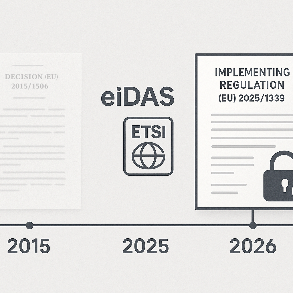 Timeline graphic of EU e-signature rules from Decision 2015/1506 to Implementing Regulation 2025/1339 under eIDAS and ETSI st