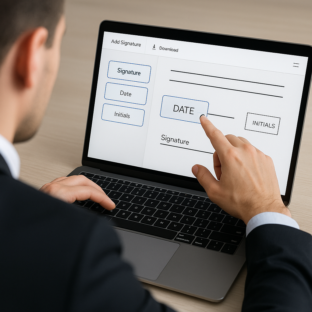 Close-up of professional adding signature, date and initials fields to a PDF using drag-and-drop web app on a minimalist lapt