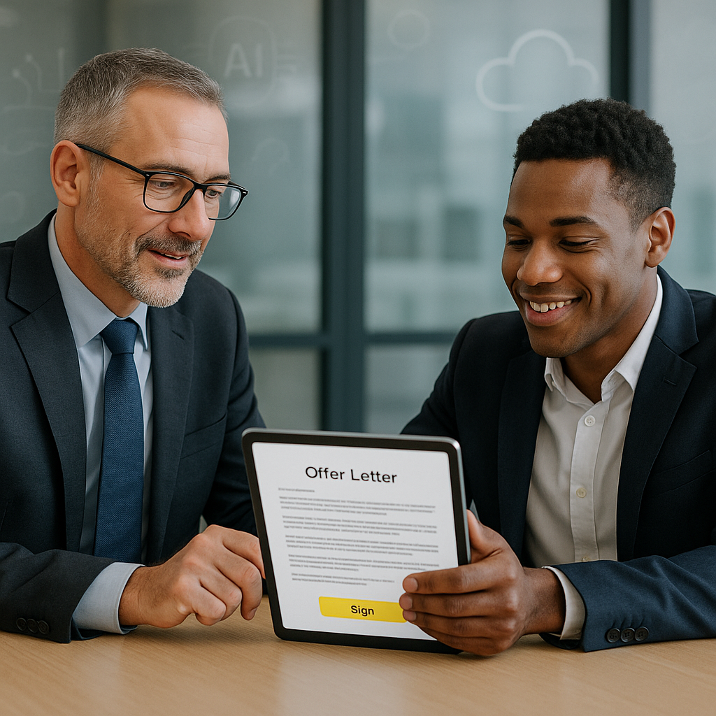 Corporate hiring manager and new employee reviewing an AI-enabled digital offer letter with prominent Sign button on a tablet