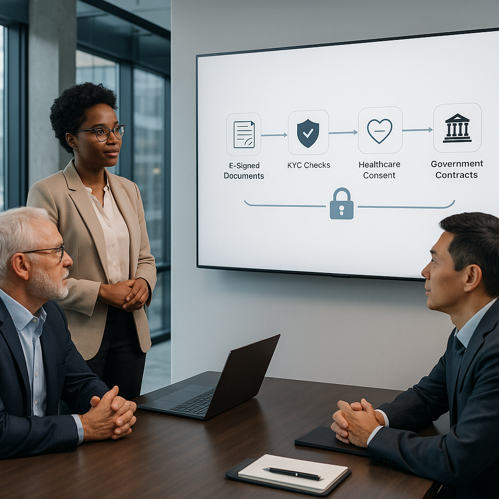 Diverse executives in a modern office reviewing a large screen of secure e-sign workflows, KYC checks, and audit-ready compli