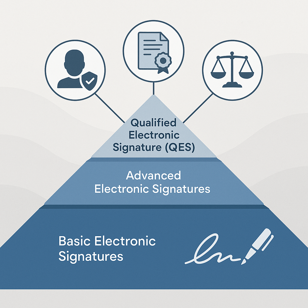 Layered eIDAS electronic signature assurance infographic with basic e-signatures up to Qualified Electronic Signature, identi