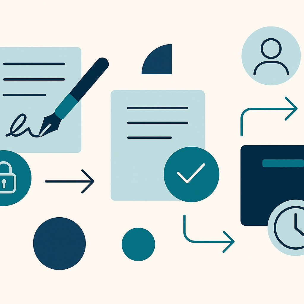Abstract secure e-signature workflow showing contract stages with icons for compliance, security, remote access, and time sav