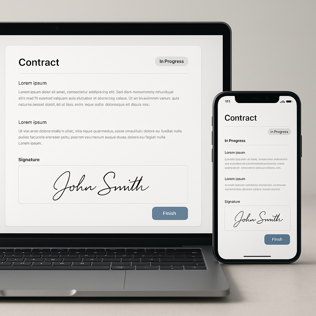 Close-up of minimalist e-signature software on laptop and smartphone, showing digital contract, signature field and progress 