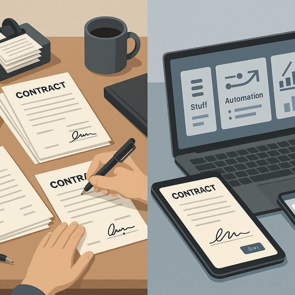 Split-screen illustration of old paper contract signing vs modern e-signature workflow on laptops and tablets, showing speed,