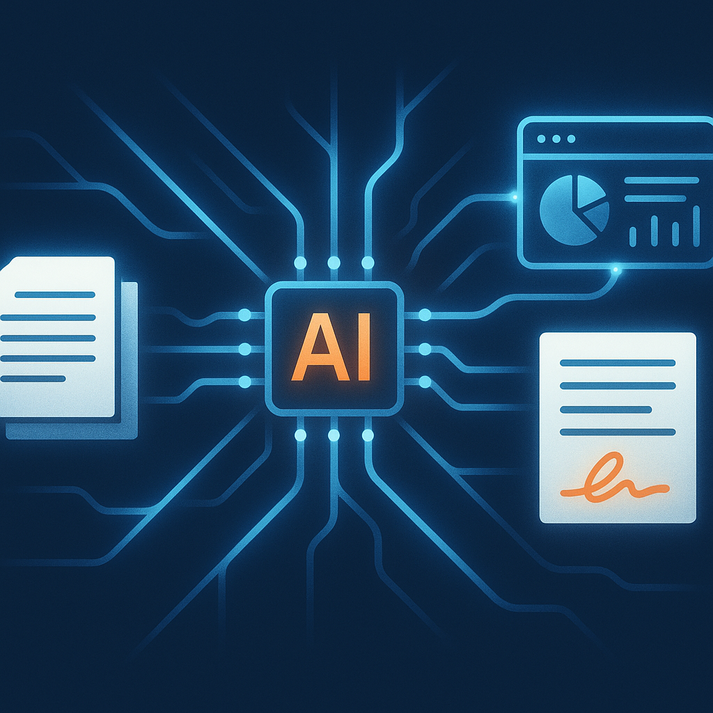 Abstract illustration of AI turning paper documents into digital contracts with glowing neural lines, e‑sign icons, and small