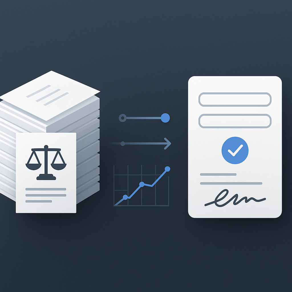 Close-up illustration of paper legal documents transforming into streamlined self-service e-signature forms with timelines an