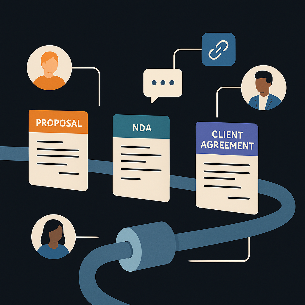 Flat illustration of digital contract workflow pipeline with proposals, NDAs, client agreements and connected freelancer, cli