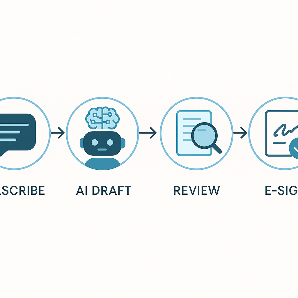 Infographic of workflow steps: Describe, AI Draft, Review, E‑Sign with text, AI, document review, and digital signature icons