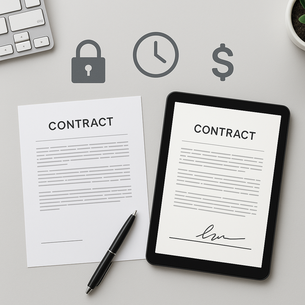 Flat lay of printed contract and tablet e-signing the same document, with lock, clock and dollar icons symbolizing secure, fa