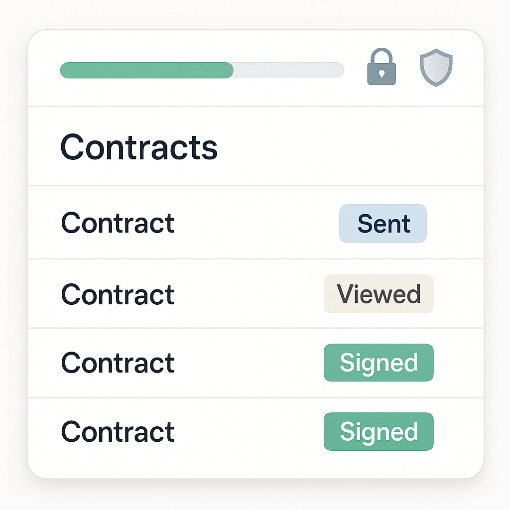 Close-up SaaS dashboard showing contract workflow statuses (Sent, Viewed, Signed), progress bar, and security icons for encry