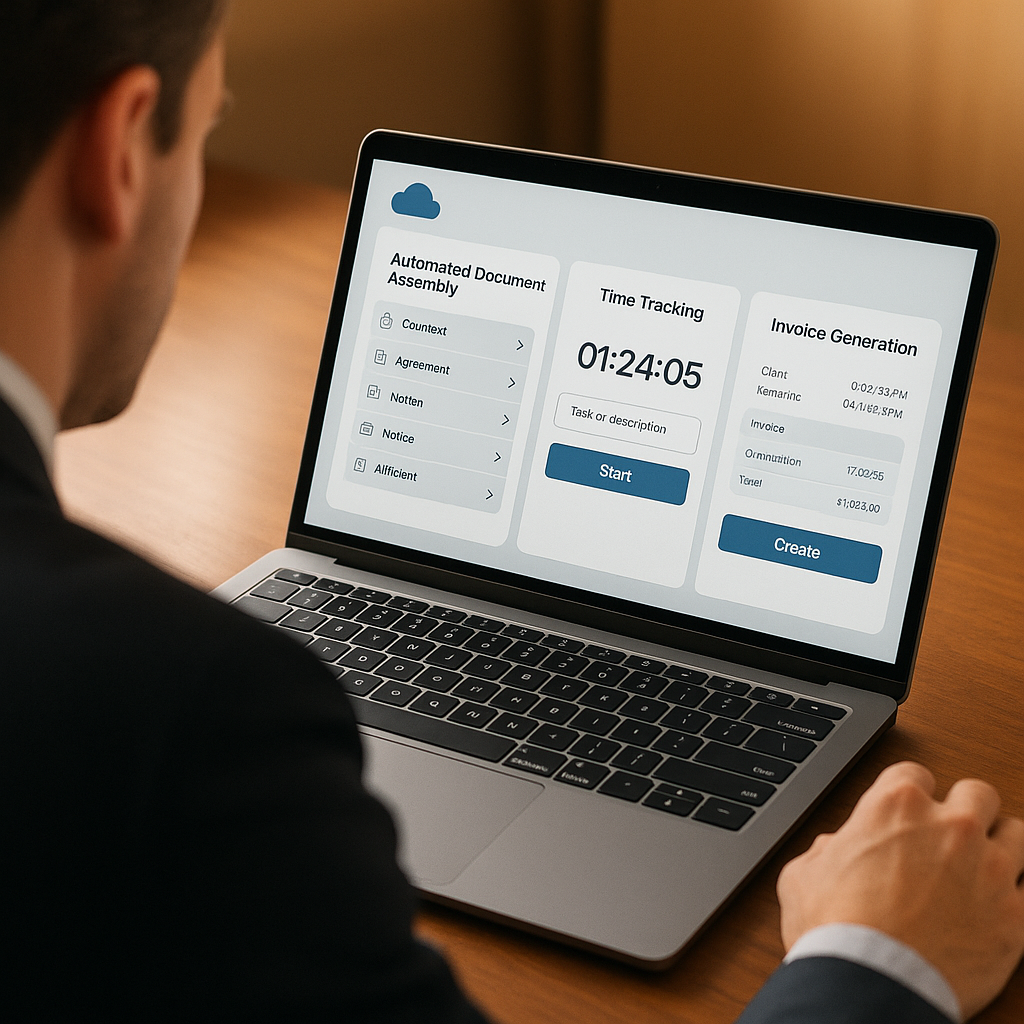 Close-up over-the-shoulder view of a lawyer using cloud-based legal software with automated documents, time tracking, and inv