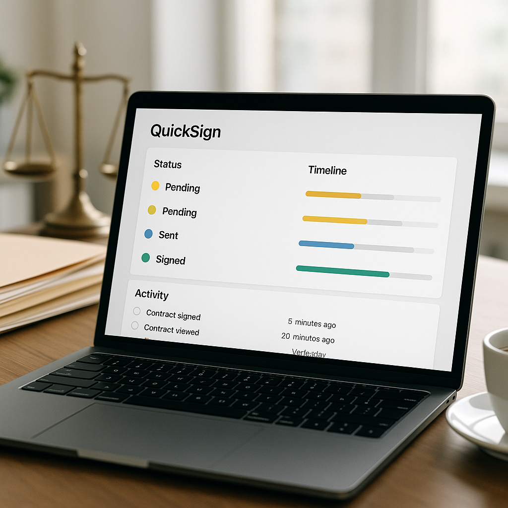 Close-up of QuickSign legal document workflow dashboard on laptop, showing contract statuses, timelines and activity log on l