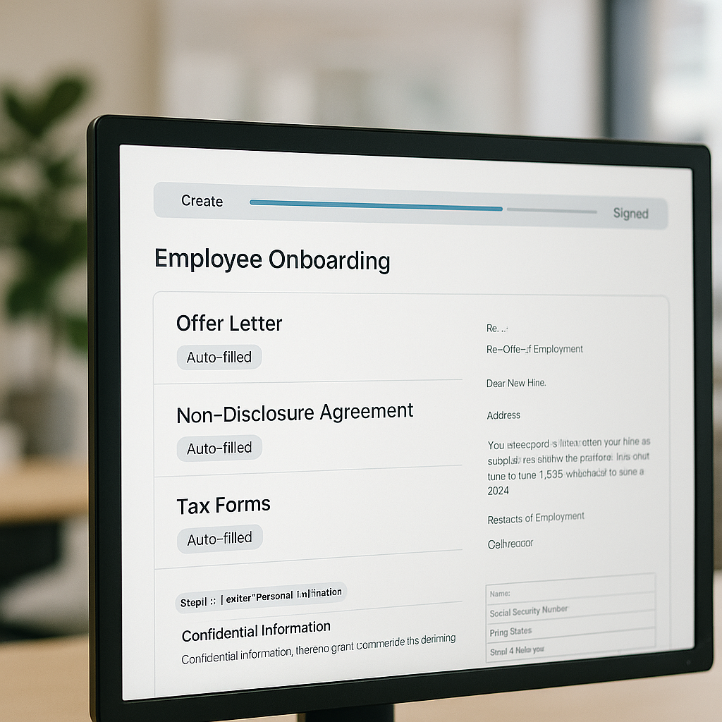 Close-up of AI-powered HR onboarding dashboard auto-filling offer letter, NDA and tax forms with e-signature progress from Cr